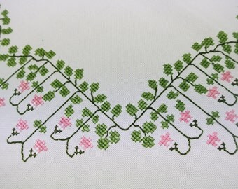 Very well done vintage 1950s handmade cotton tablecloth with pink/ green Linea flower embroidery on bone white bottom
