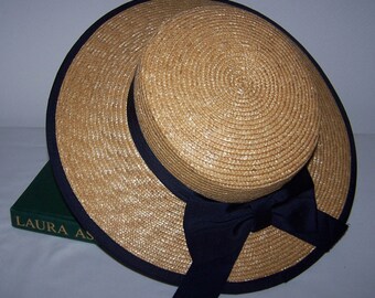 Laura Ashley Vintage summer straw boater hat, sailor, nautical, yachting, Edwardian wedding style, navy ribbon rear ties bow