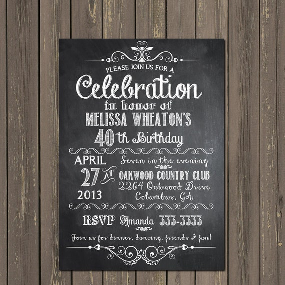 Chalkboard Adult Birthday Party Invitation, 30th, 40th, 50th, 21st, Any Age Chalkboard Invite, Printable or Printed Il_570xn