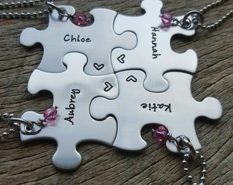 Puzzle Piece Necklace Name and Stone Personalized Hand Stamped Customizable Necklace Bridesmaid Graduation Best Friends