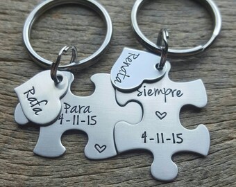 Personalized Customizable Para Siempre with date and Name Hearts Puzzle Piece Key Chain Set Hand Stamped Couples Set His and Hers