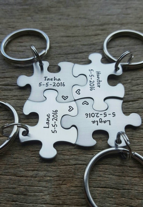 Puzzle Piece Key Chain Personalize with Name and Date Hand