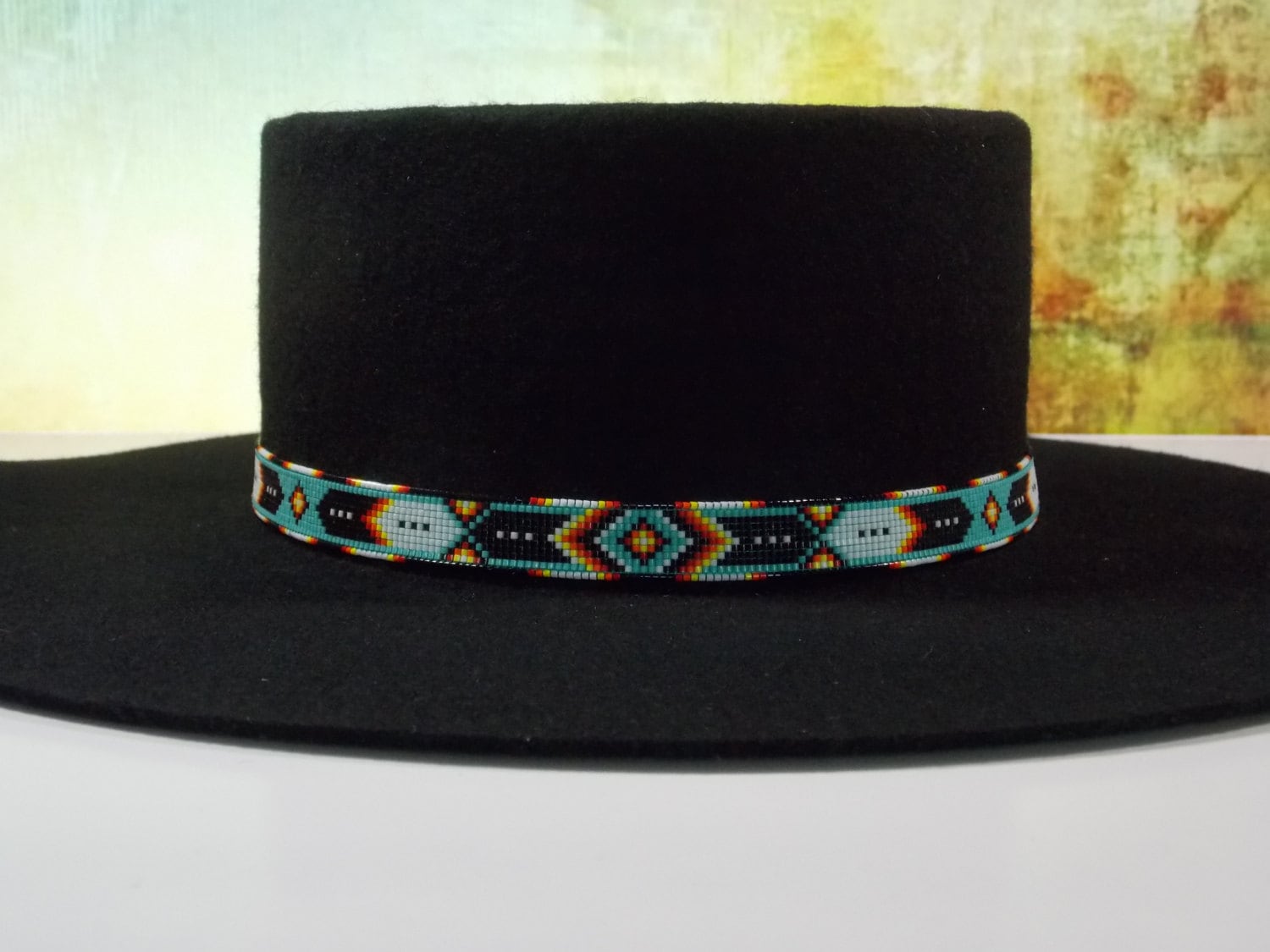 Green Turquoise Chevron Native American Beaded Hat Band 9AC