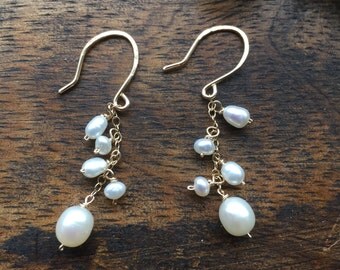 Bridal earrings pearl with gold or sterling silver chain, cluster earrings