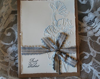 Handmade Greeting Card: Best Wishes, tied with blue and white ticking
