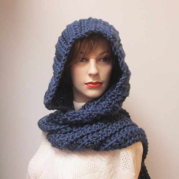 Navy Blue Hooded Scarf Crochet Hoodie Scarf Long Scarf with
