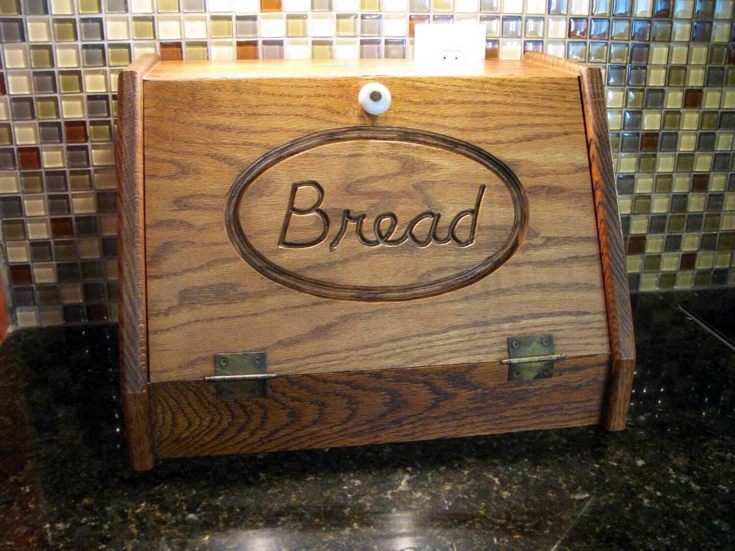 RESERVED for JenniRetro Bread Box Solid Oak counter top