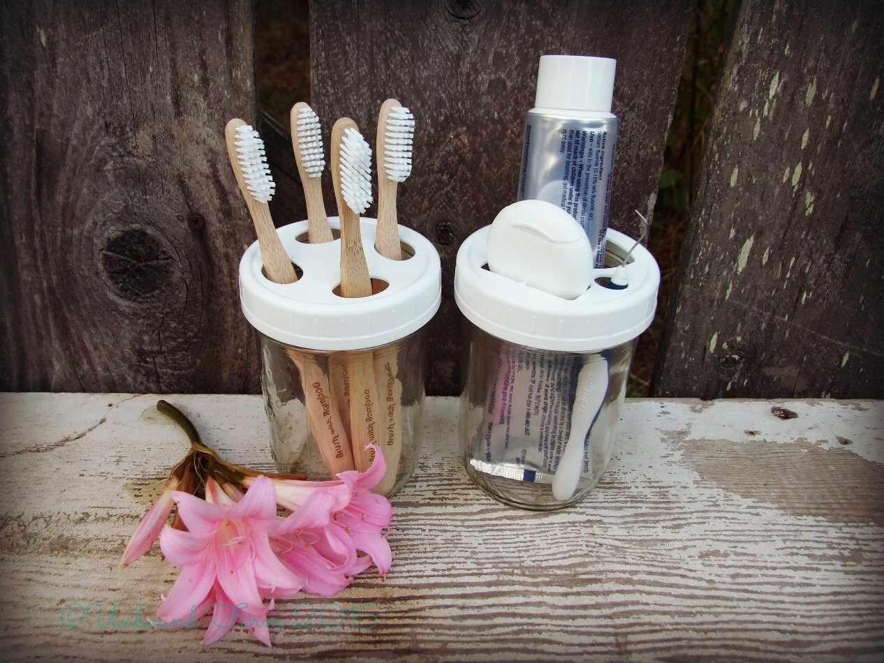 Mason Jar Toothbrush & Toothpaste Holder Lids set of 2 wide