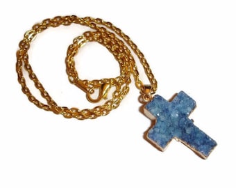 Cross Necklace Druzy cross necklace blue cross necklace gemstone cross gemstone necklace druzy necklace gold necklace Religious jewelry Gift
