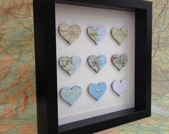 Map wall art - custom map art - paper anniversary - wedding gift - personalised map art - paper heart frame - paper heart art - 9 map heart