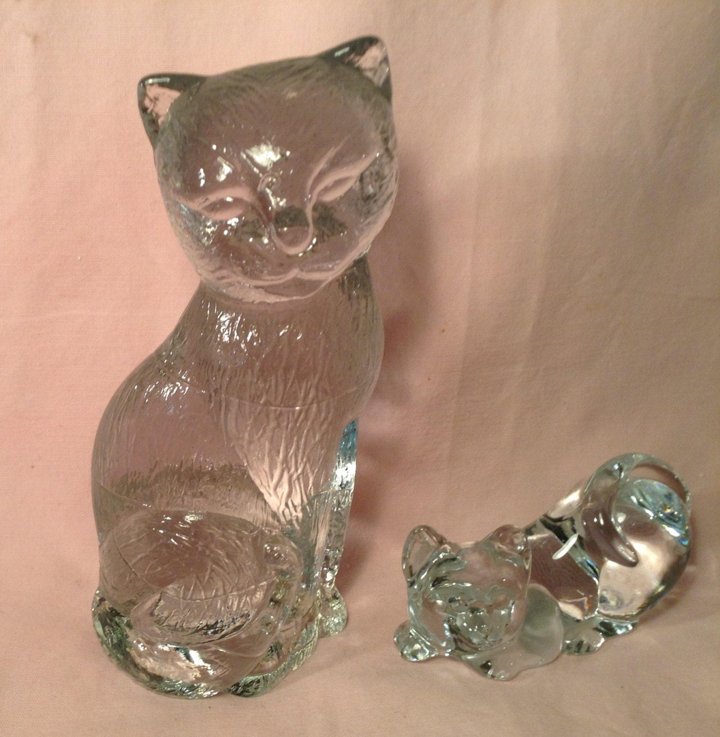 Pair Of Clear Glass Cat Figurines Heavy Cat Lover