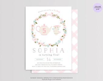 Tea Party Birthday Invitation Card - DIY Printable Digital File - Girls Tea Party - Burlap, Photo Invitation, Vintage Flower Wreath