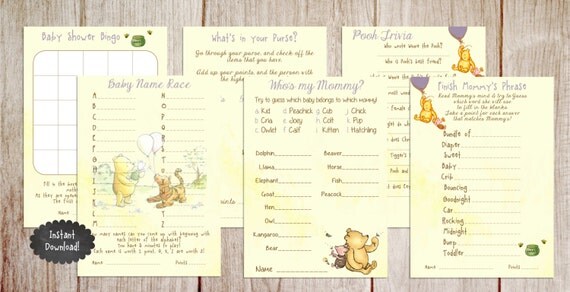 Printable Winnie the Pooh Baby Shower Game Package, Classic Winnie the