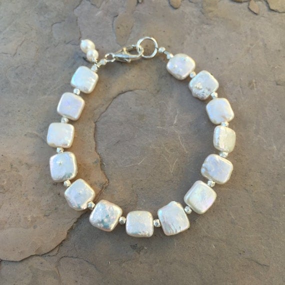 Square White Pearl and Sterling Silver by EastVillageJewelry