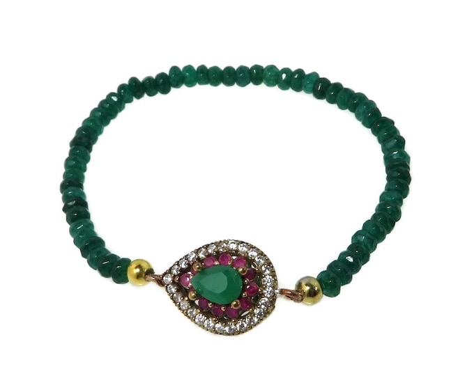 Emerald and Ruby Bracelet, Vintage Sterling Silver Beaded Stretch Bracelet