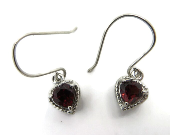 Garnet Heart Earrings Vintage Sterling Silver Dangling Pierced Earrings Bridal Jewelry