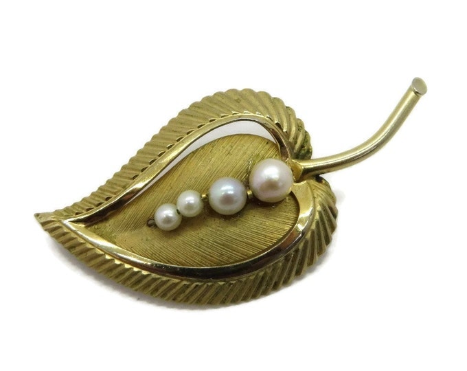 14K Gold Filled Leaf Brooch, Designer Signed Faux Pearl Pin, Vintage Mid-Century Brooch, Curved Leaf Pin, Gift for Her