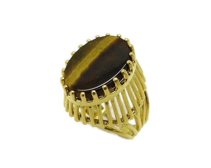 Vintage Tiger Eye Ring | 18K Gold Plated Statement Ring | Size 6