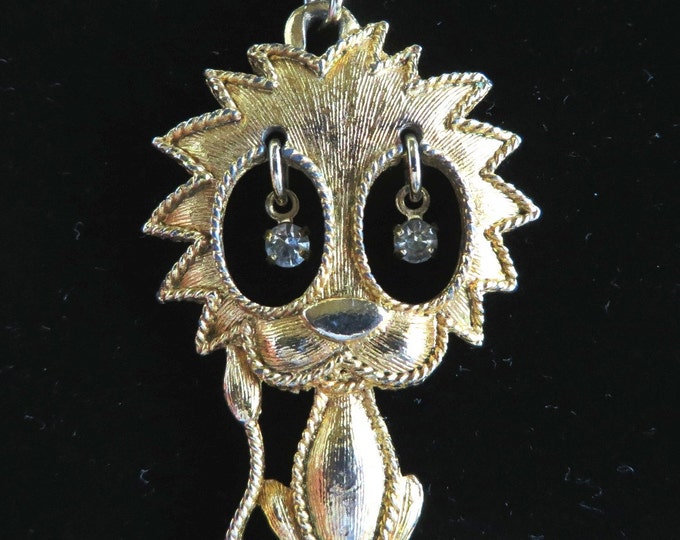 Lion Pendant, Vintage Gold Tone Lion with Rhinestone Eyes Necklace