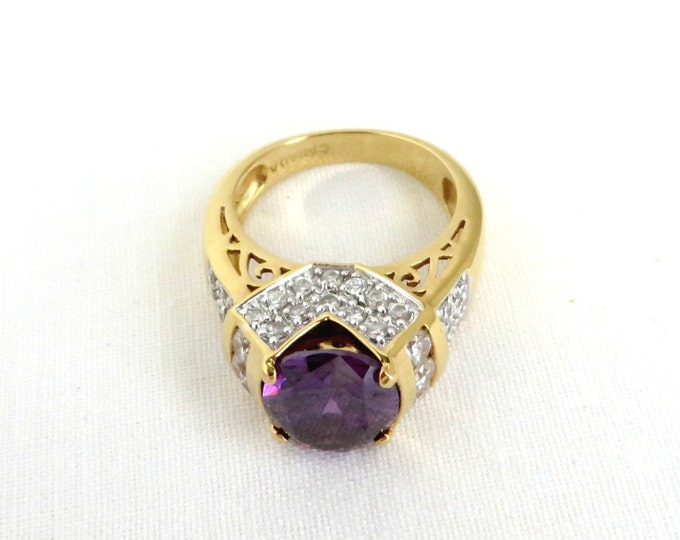 Amethyst CZ Ring - Vintage Gold Plated Sterling Silver Ring, February Birthday, Valentine's Day Gift Ring, Size 6