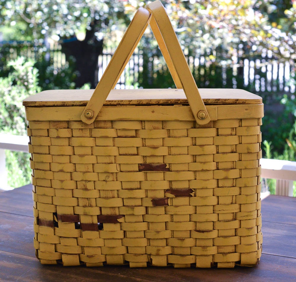 Picnic Basket Vintage Yellow Basket Rustic Decor Summer