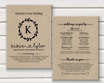 Rustic Wedding Program Template Kraft Printable wreath black digital DIY customized ceremony order of events fall spring summer winter barn