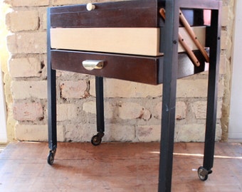Vintage wood sewing box,wooden sewing box, knitting storage,yarn, sewing basket table 60s mid century wood