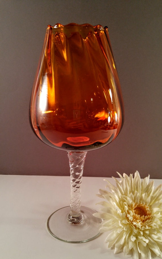 Items similar to Vintage Optic Art Glass Pedestal Vase. Amber Bowl with