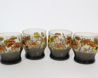 Vintage Flower Drinking Glasses, Gray Glass Orange Flowers, Bar ware