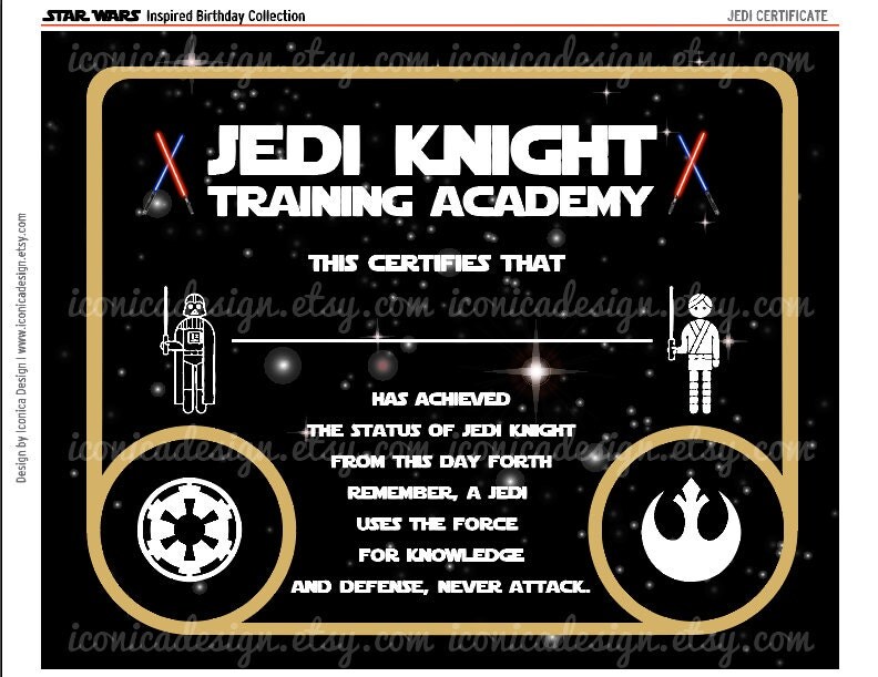 Star Wars Jedi Certificate Editable Name Digital by IconicaDesign
