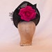 Stunning black occasion hat with fushia pink rose detailing handmade in Yorkshire by Jacqueline Walker Millinery Stunning black occasion hat with fushia pink rose detailing