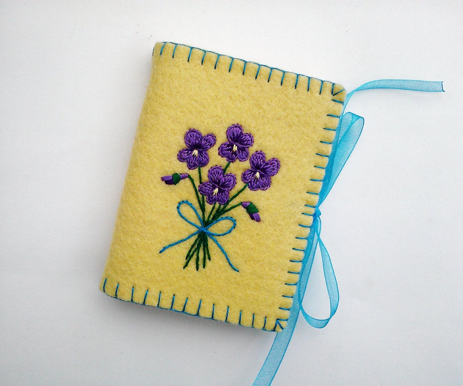 Wool Felt Needle Book Embroidered Violet Bouqet Needlecase