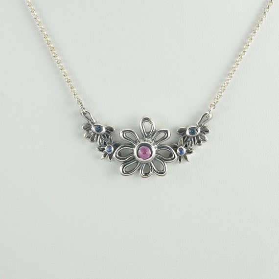Sterling Silver Daisy Necklace Silver Sapphire Necklace