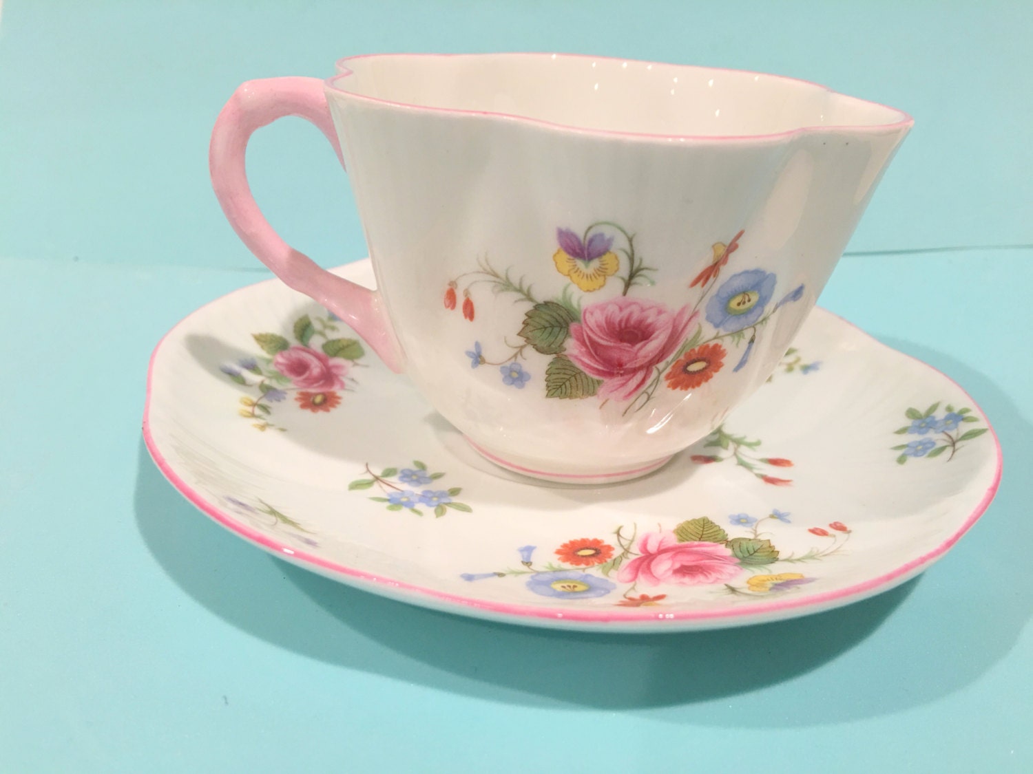 Reserved for F, Shelley Tea Cup and Saucer, Dainty Shape, Rose and Red