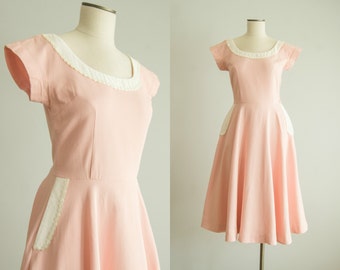 vintage 1950s dress / 50s pastel pink day dress / small-medium / Cute as a Button Dress