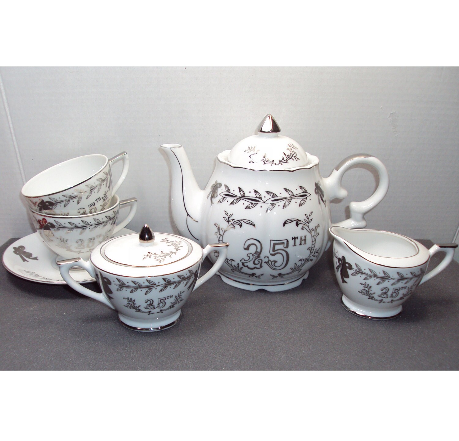 Lefton China Musical 25th Silver Wedding Anniversary Tea Set