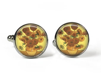 SUNFLOWERS Van Gogh - Glass Picture Cufflinks - Silver Plated (Art Print J20)