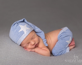 Newborn Boy Pants and Hat Set - "Dylan" baby blue newborn pants and hat. Stars, blue and white, newborn photo prop, baby boy outfit