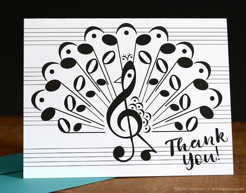 Musiknote danken Ihnen Karte / Pfau Musik-Notiz-Karte / Danke