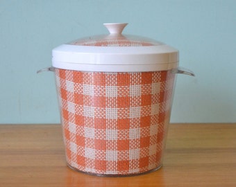 Retro plastic ice bucket orange and white gingham