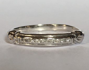 Vintage Diamond Wedding Band. 18K White Gold. April Birthstone. 10th Anniversary Gift. Estate Jewelry. Diamond Stacking Ring. Gold Band.