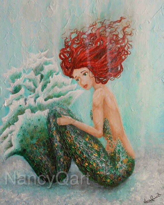 mermaid art green mermaid artwork little mermaid by NancysFineArt