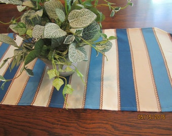 Nautical striped table runner in blue, tan and white, 54x15"