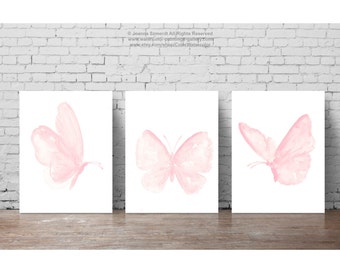 Baby Pink Butterfly Paintings, Set of 3 Butterflies Art Print Gift Idea. Girls Nursery Light Pink Room Decor Shabby Chic Watercolor Painting