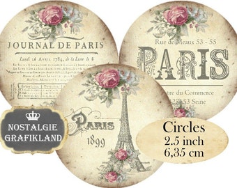 Paris French Circle 2.5 inch Eiffel Tower Fleur de Lis Louvre Shabby Chic Instant Download digital collage sheet C164