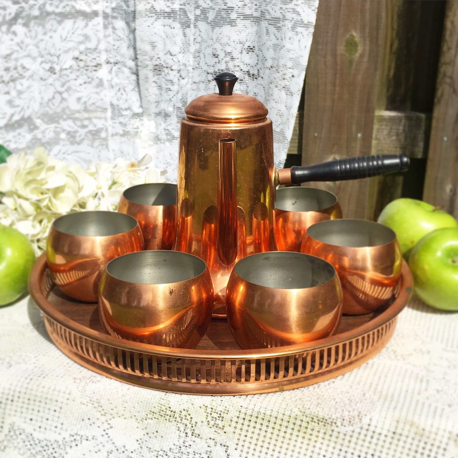 Copper Turkish Coffee Pot Set Kettle Cup Tray Roly Poly