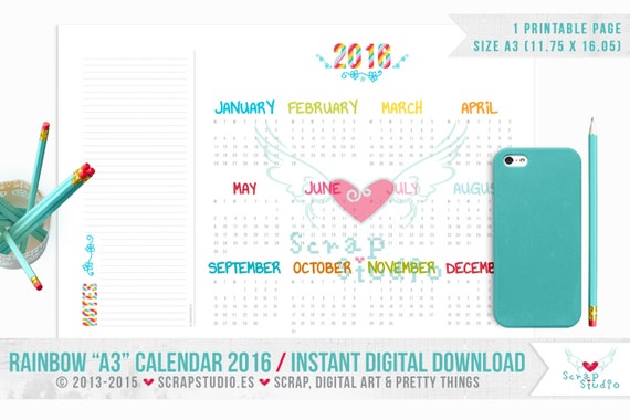 Printable Calendar 2016 A3 RAINBOW 1 Page By ScrapStudioES