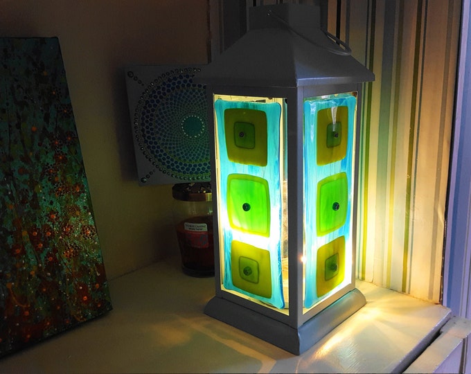 Mint green fused glass lantern. Decorative garden light. Tealight candle holder. Indoor outdoor Accent lighting. Handmade gifts for him her.