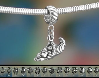 Sterling Silver Cornucopia Charm or European Bracelet Thanksgiving 925