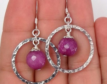 Purple "jade" Earrings • Silver Earrings • Dangle Earrings • Hoop earrings •